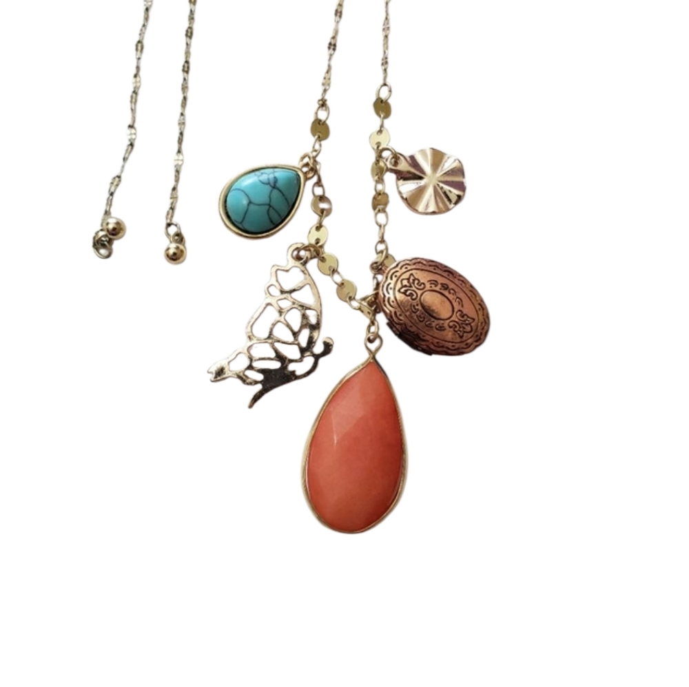 Sliding necklace with butterfly charm and Locket and stone charms
